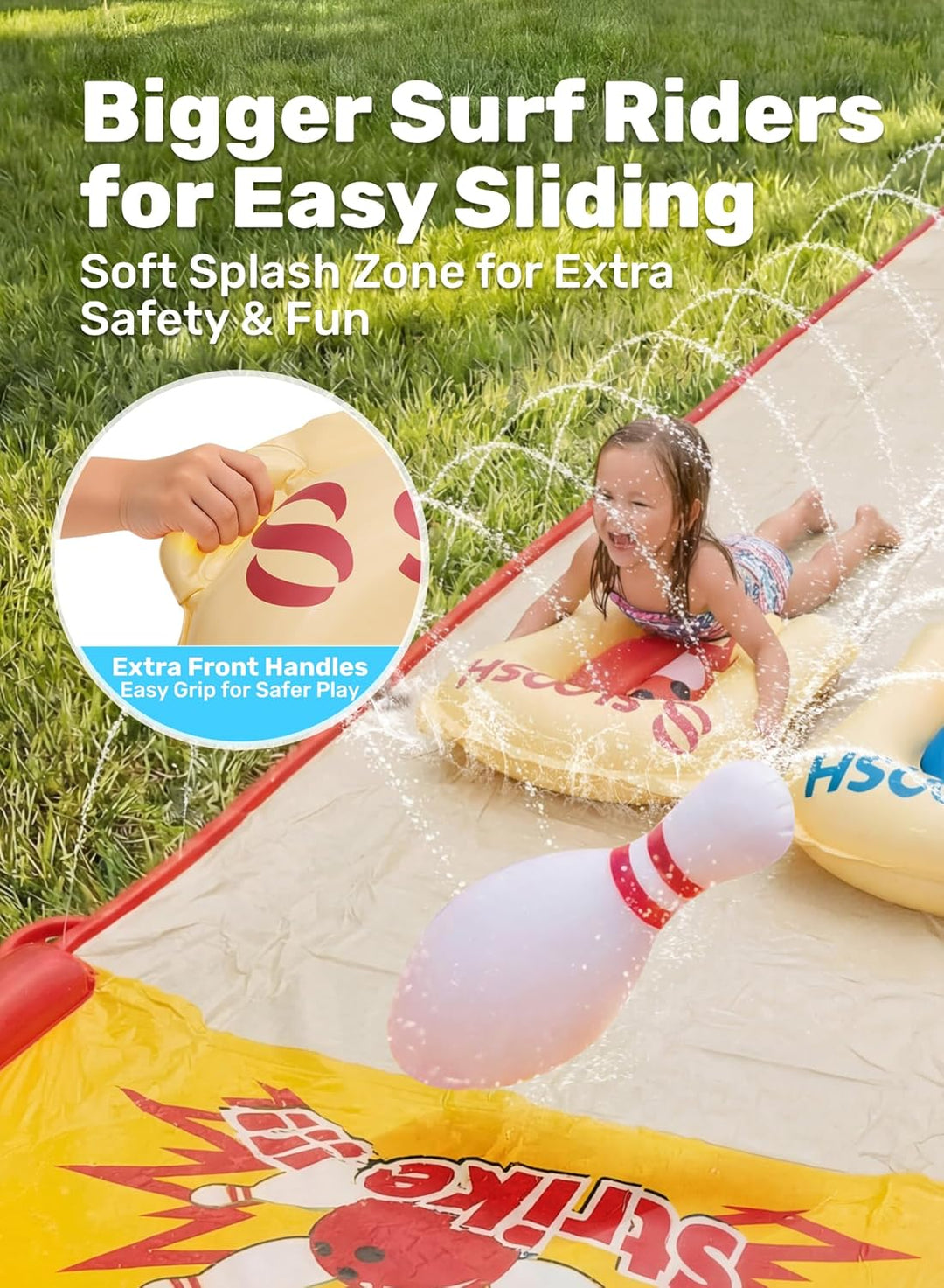 Sloosh 22ft / 6,7m Garten-Wasserrutsche mit Bowling-Set – aufblasbare Kegel & Bälle, doppelte Spur m