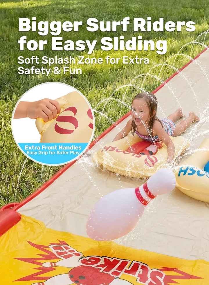 Sloosh 22ft / 6,7m Garten-Wasserrutsche mit Bowling-Set – aufblasbare Kegel & Bälle, doppelte Spur m