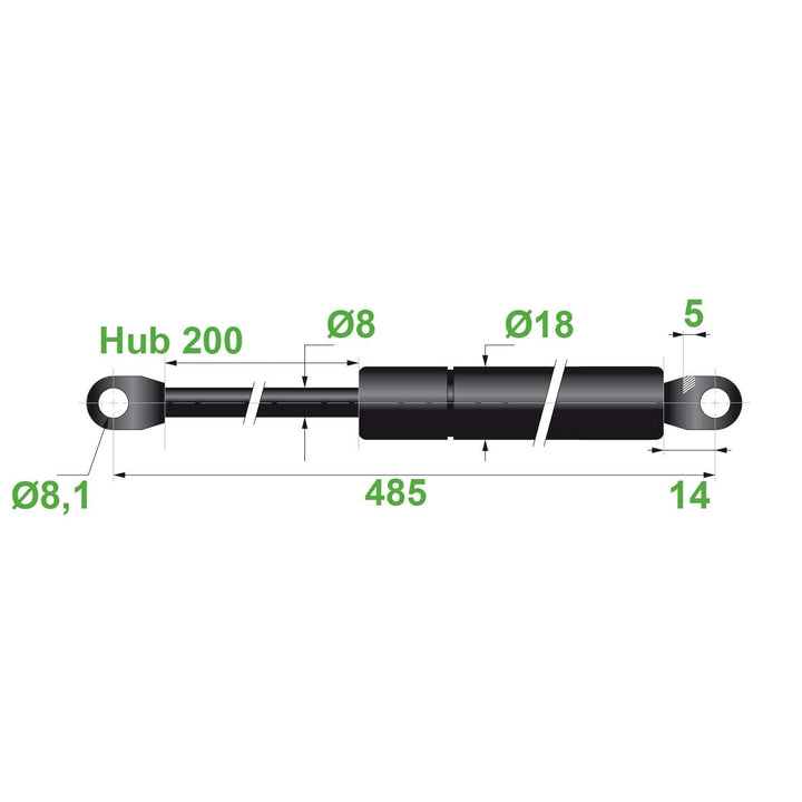 Gasdruckfeder 8/18 8,1 Hub=200 L=485 mm 150N(0009)