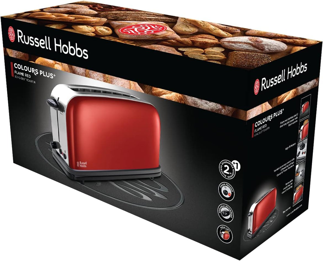 Russell Hobbs Toaster [Langschlitz für 2 Scheiben / 1 breite Brotscheibe] Colours+ Edelstahl Rot (ex