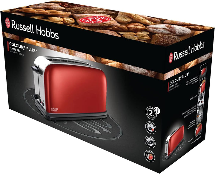 Russell Hobbs Toaster [Langschlitz für 2 Scheiben / 1 breite Brotscheibe] Colours+ Edelstahl Rot (ex