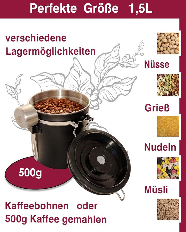 Kaffeedose luftdicht 500g - Schwarz - Kaffeebohnen Vorratsbehälter 1,5L aus Edelstahl mit Kalenderfu