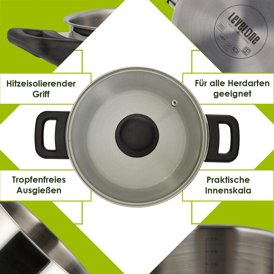 Level One Topf Kochtopf Fleischtopf 20 cm Induktion, Edelstahl unbeschichtet inkl. Glasdeckel | 11,5