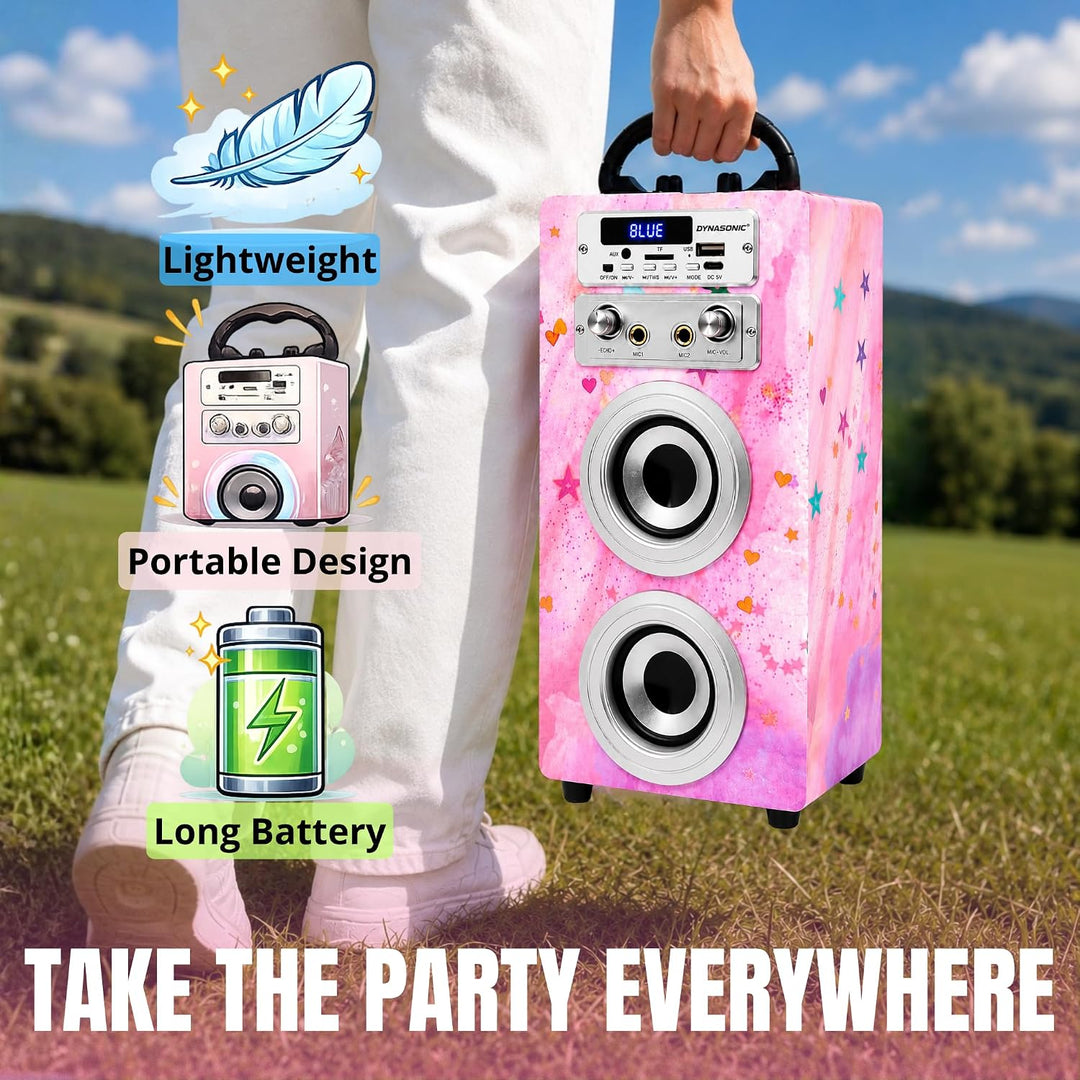 DYNASONIC Karaoke mit 2 Mikrofonen, tragbarer Karaoke-Maschine, Bluetooth-Lautsprecher, USB- und SD-
