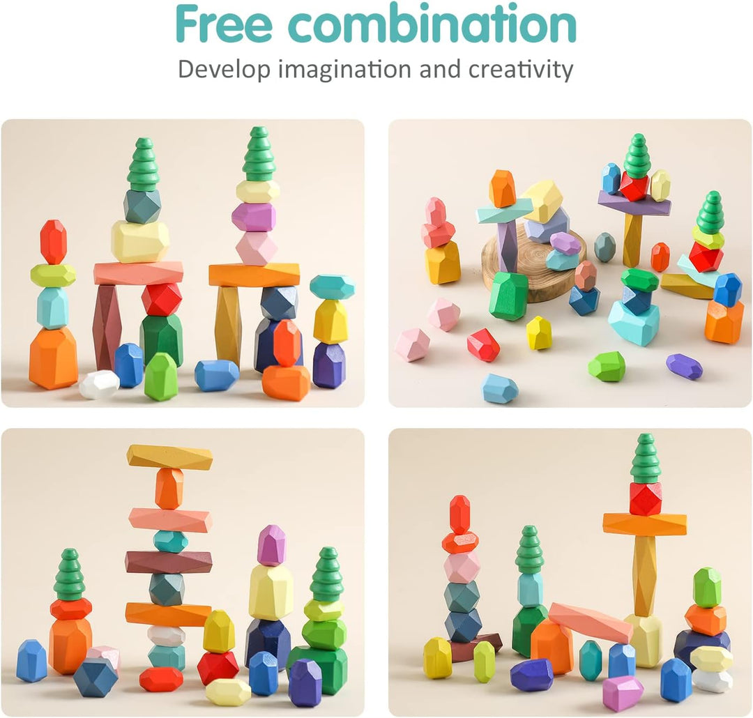Montessori Holzspielzeug 28 PC Balanciersteine für Kinder,Stapelsteine Bausteine Balance Steine, Hol