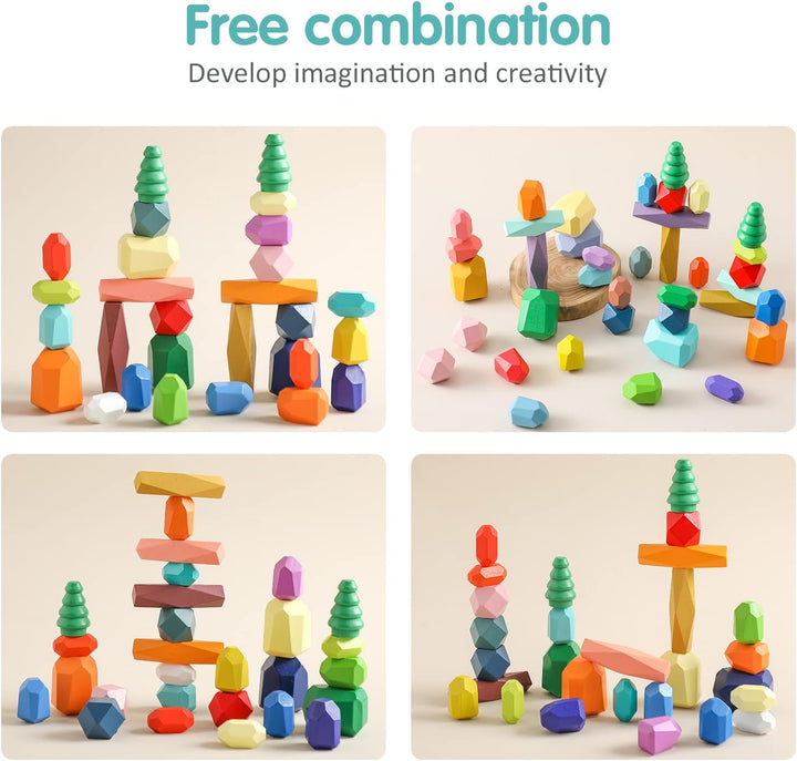Montessori Holzspielzeug 28 PC Balanciersteine für Kinder,Stapelsteine Bausteine Balance Steine, Hol
