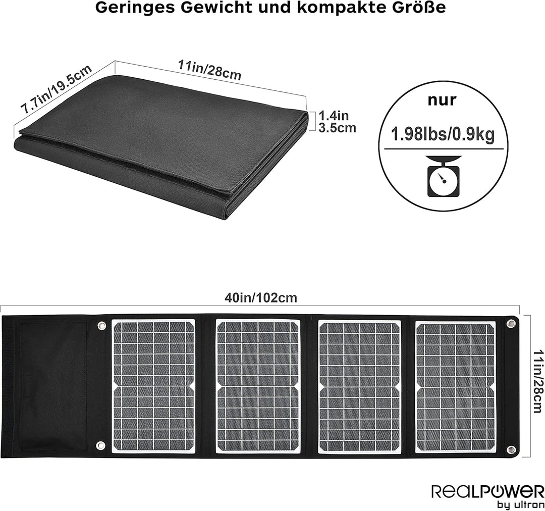 RealPower Solar Ladegerät 30W Faltbares Monokristalline Solarpanel mit USB Anschluss QC 3.0, ETFE wa