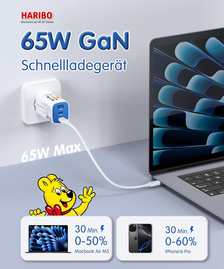 HARIBO USB C Ladegerät 65W 3-Port USB-C Netzteil Schnellladegerät PD PPS kompatibel mit MacBook, für