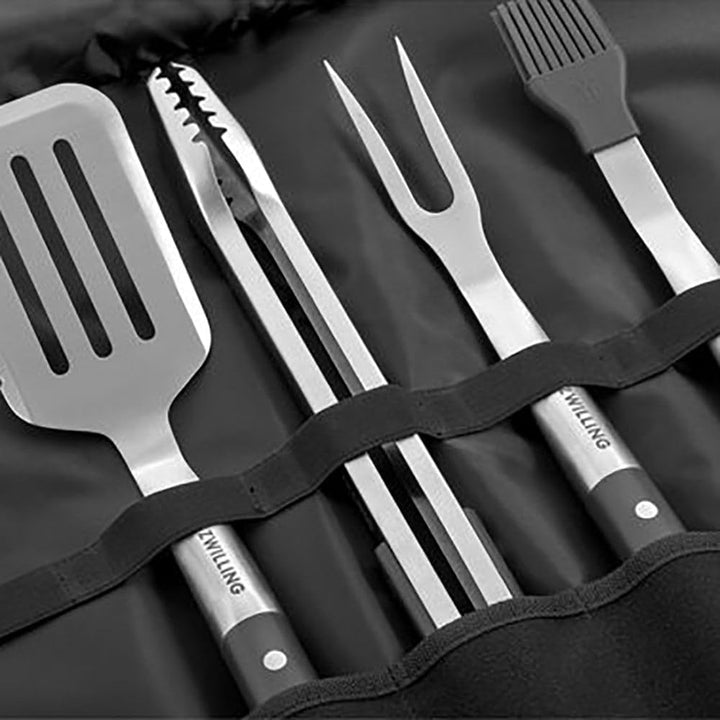 ZWILLING BBQ GrillOptimalck-Set, 5-TLG, Grillwerkzeug mit Rolltasche, Grillwender, zange, Gabel, Pin