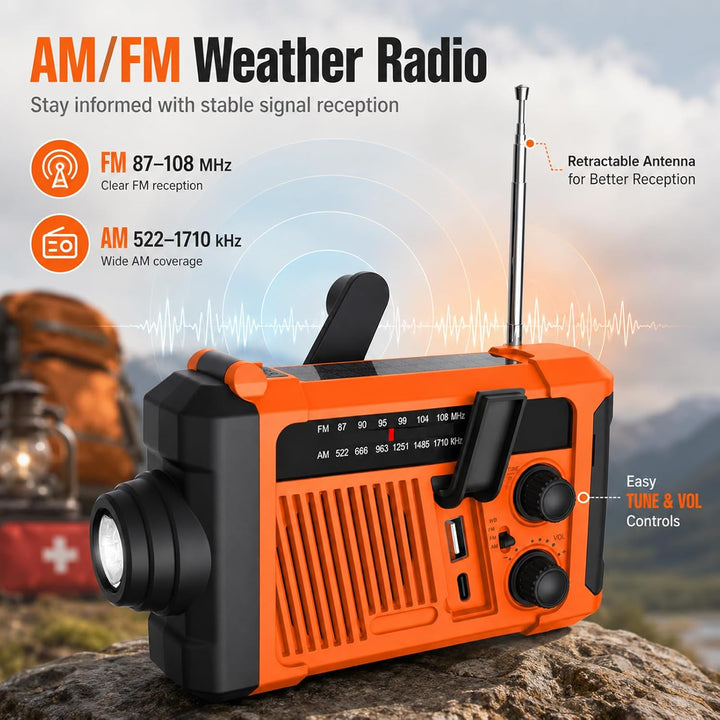 Notfallradio Solarbetriebenes, Kurbelradio mit 2000mAh Akku Powerbank AM/FM Notfall Radio SOS-Alarm