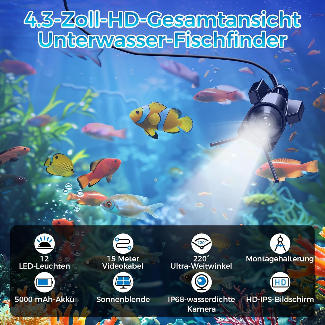 Unterwasserkamera Angeln,1080P HD Fischfinder mit 4.3-Zoll-LCD 15m Wasserdichtem IP68 Kabel 12 IR-Na