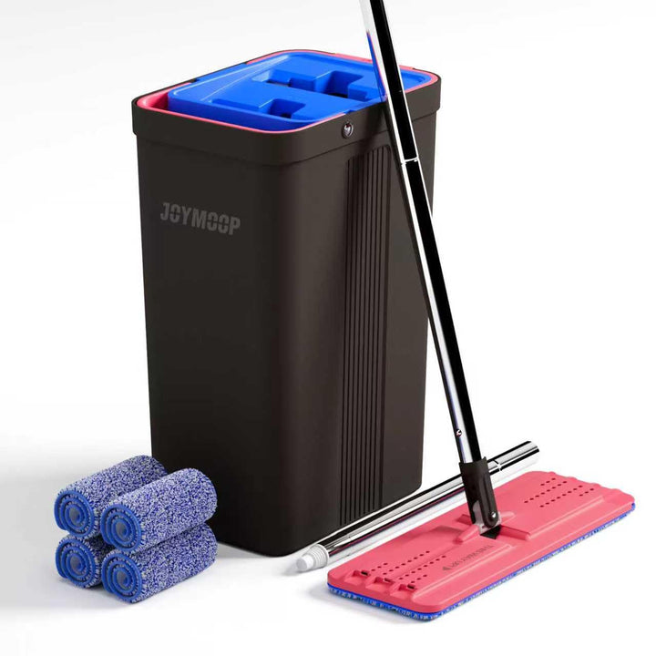 JOYMOOP Wischmopp und Eimer mit Auswringer-Set, freihändiger Flacher Bodenwischer und Eimer, mit 4 w