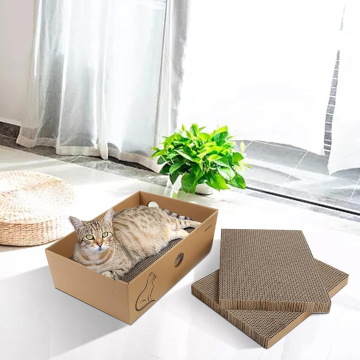 AUSCAT Kratzbrett Katze mit Box, 4 STK. Doppelseitige Kratzpappe für Katzen, Wellpappe Kratzbrett fü