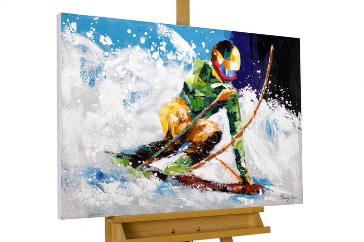 KunstLoft Leinwandbild | 100% HANDGEMALT | 90x60cm | Gemälde 'Ride in the Snow' | Winter | Blau Weis