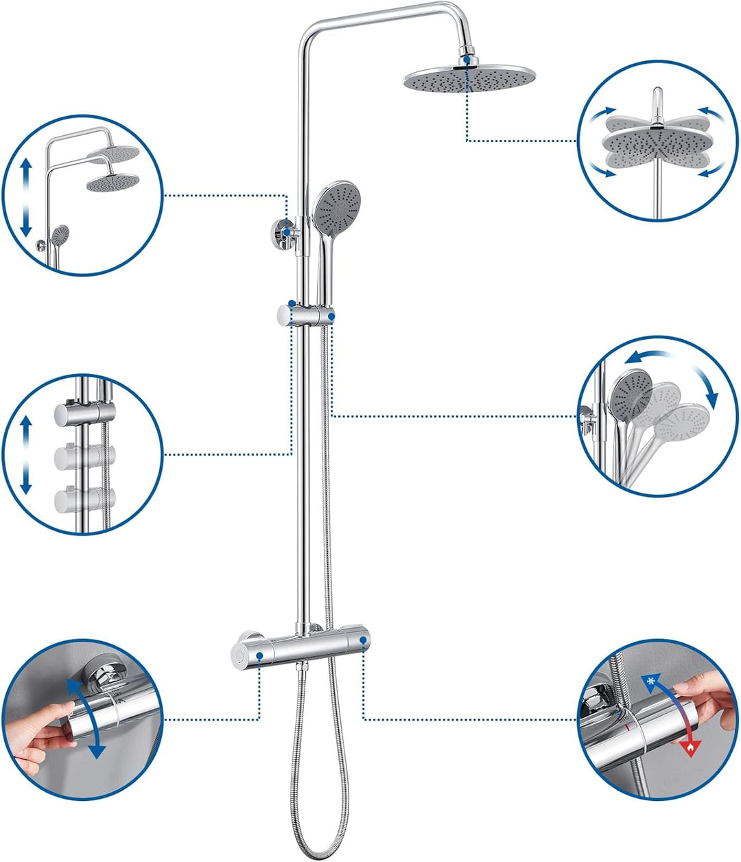 Duschsystem mit Thermostat, Auralum Regendusche mit Armatur aus Edelstahl Höhenverstellbar 92-122cm,