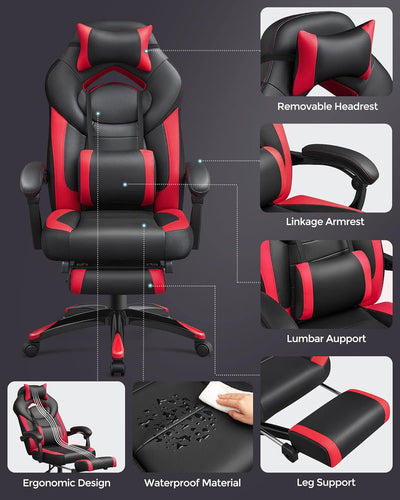 SONGMICS Ergonomischer Gamer-Sessel, Gaming-Stuhl, Bürostuhl, mit Teleskop-Fussstütze, verstellbare