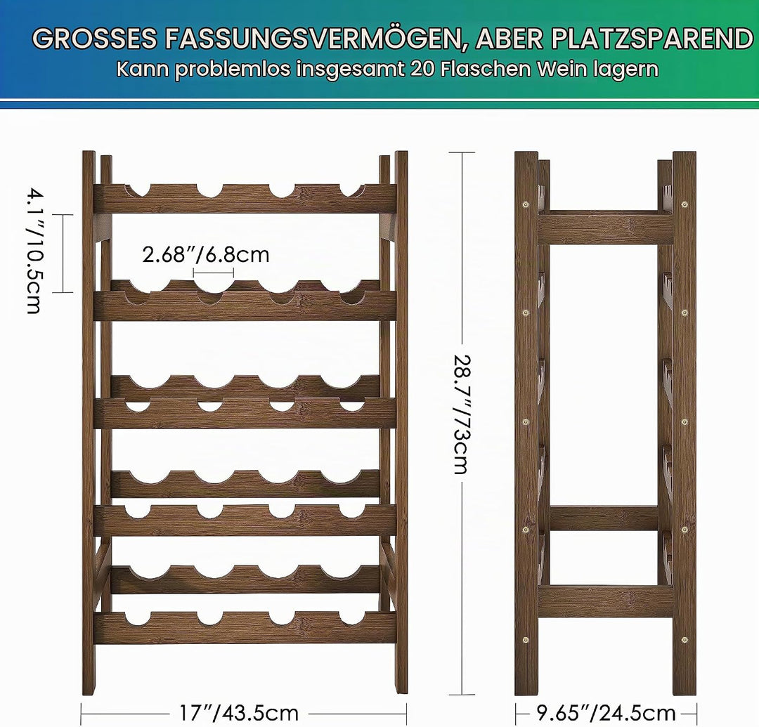 SMIBUY Bambus-Weinregal, 20 Flaschen-Display-Halter, 5-stöckige freistehende Lagerregale für Küche,