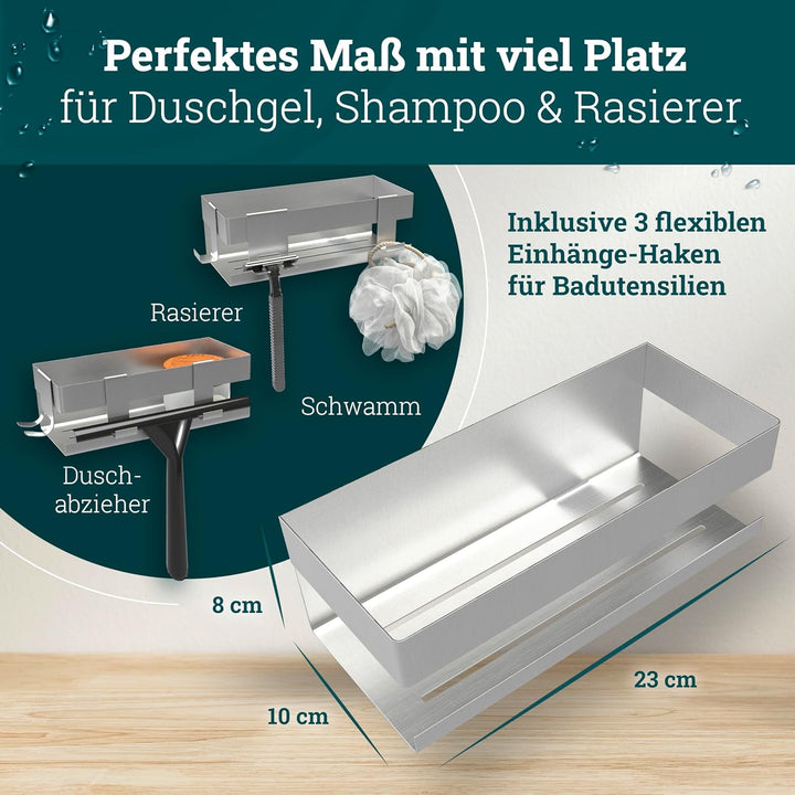 husman® Duschablage ohne Bohren | Edelstahl gebürstet | mit Ablaufrillen & 3 Haken | Kleben statt Bo
