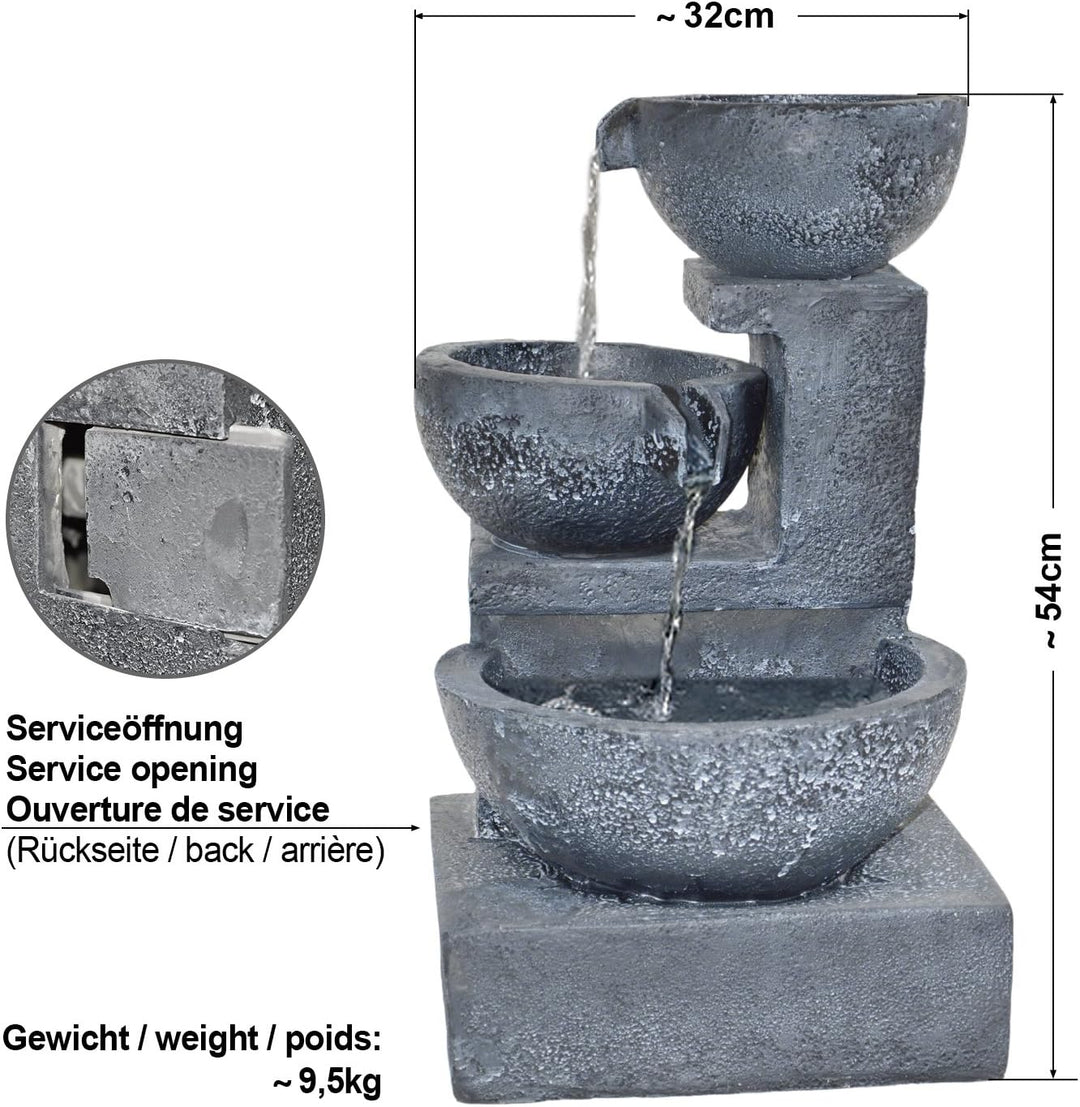 Gartenbrunnen Solarbrunnen Brunnen GRANITSCHALEN-Kaskade mit LED-Licht und Li-Ion-Akku, Vogelbad Was