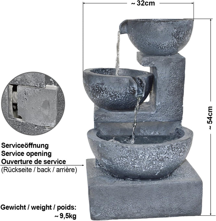 Gartenbrunnen Solarbrunnen Brunnen GRANITSCHALEN-Kaskade mit LED-Licht und Li-Ion-Akku, Vogelbad Was