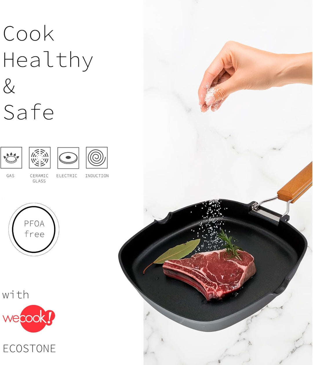 WECOOK! Ecostone Grillpfann Induktion Glatter, 28 x 28 cm, Antihaftbeschichtung ILAG Ökologisch PFOA