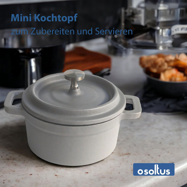 Mini Cocotte Bratentopf klein - Gusseisen ofenfest 10cm (hellgrau), Hellgrau