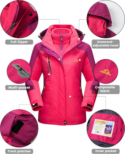 TACVASEN Damen 3 in 1 Skijacke Funktionsjacke Outdoor Warm Winter Übergangsjacke mit Fleecejacke Ros