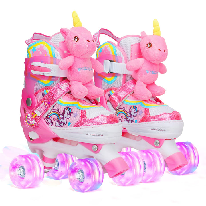 Kinder Einhorn-Puppe Rollschuhe für Mädchen 4 Grössen Verstellbar Mit Leuchtenden Rädern Quad Roller