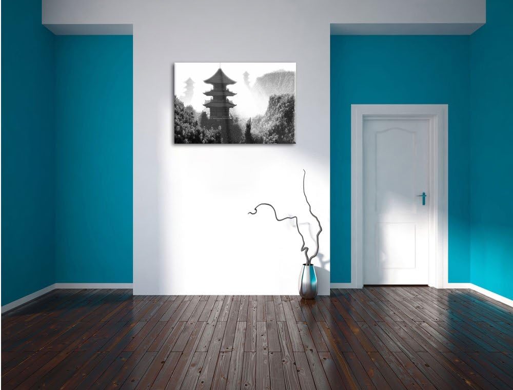 Pixxprint chinesische Häuser Kunst B&W als Leinwandbild/Grösse: 100x70 / Wandbild/Kunstdruck/fertig