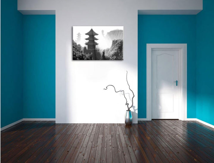 Pixxprint chinesische Häuser Kunst B&W als Leinwandbild/Grösse: 100x70 / Wandbild/Kunstdruck/fertig