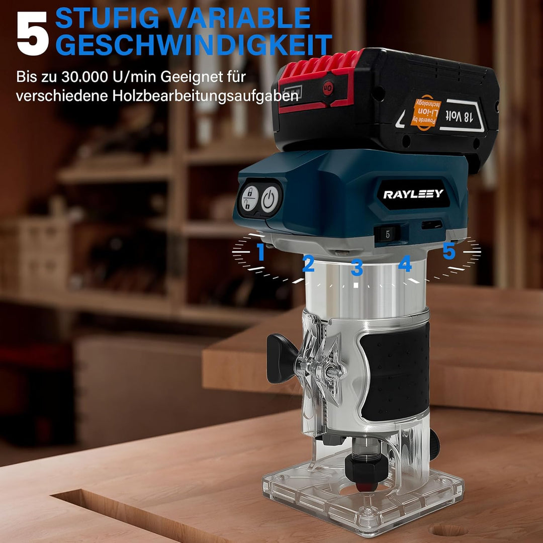 Akku Oberfräse für Bosch 18V Akku, 800W Akku-Kantenfräse Set mit 6 Geschwindigkeit, 30000 U/min Bürs
