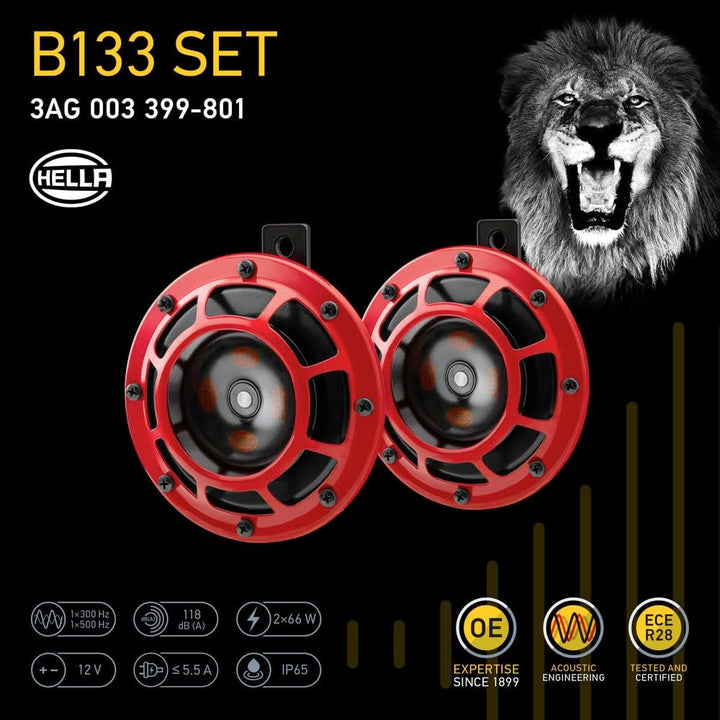 HELLA 3AG 003 399-801 Horn - B133 - 12V - Frequenzbereich: 300/500Hz - Starkton - Gehäusefarbe: rot/
