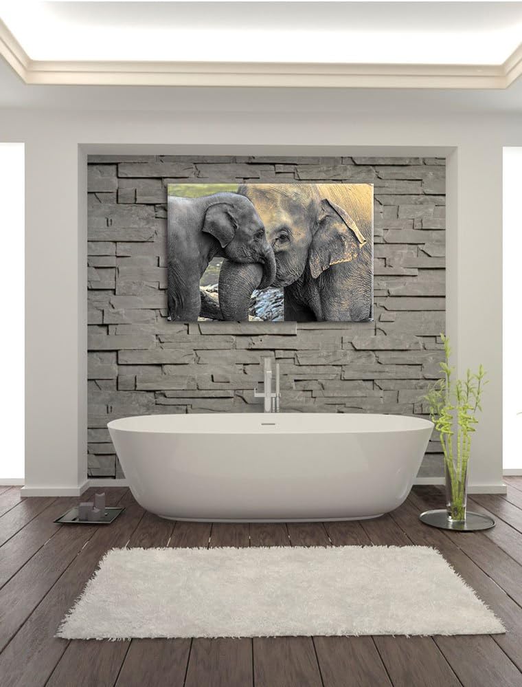 Pixxprint Elefantenmutter mit Kalb / 100x70cm Leinwandbild bespannt auf Holzrahmen/Wandbild Kunstdru