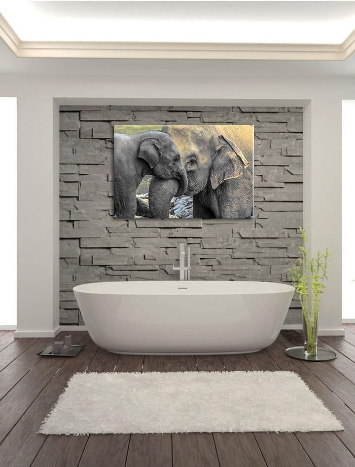 Pixxprint Elefantenmutter mit Kalb / 100x70cm Leinwandbild bespannt auf Holzrahmen/Wandbild Kunstdru