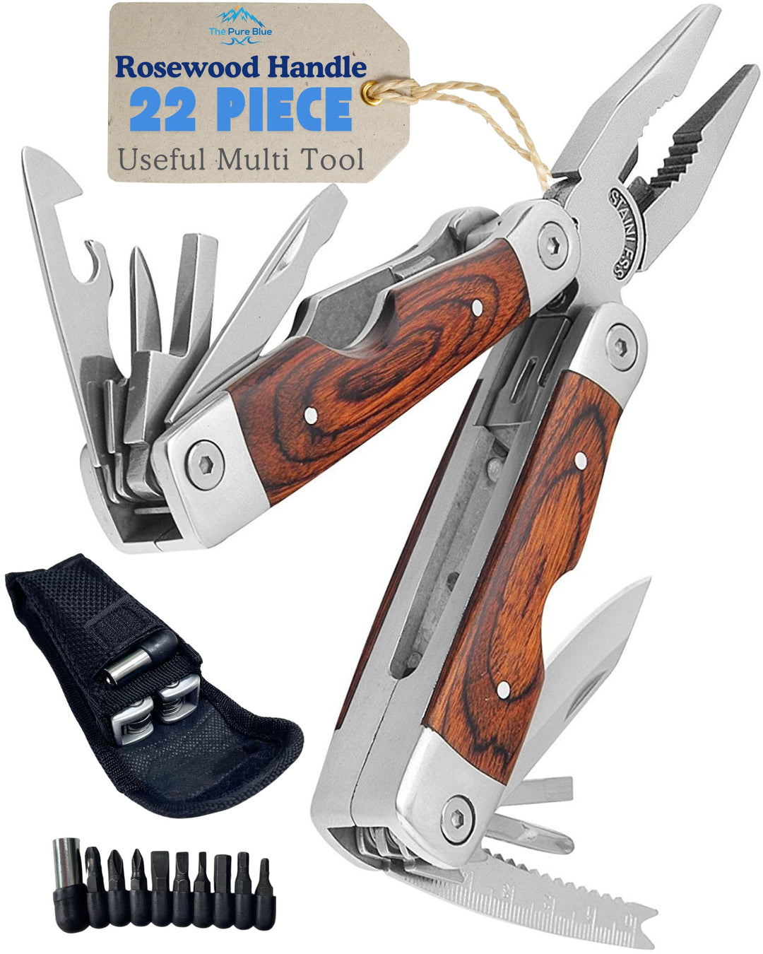 Palisanderholz Multitool Messer & Werkzeuge, Taschenmesser, Robuste Gürteltasche, Nadel- & Kombizang