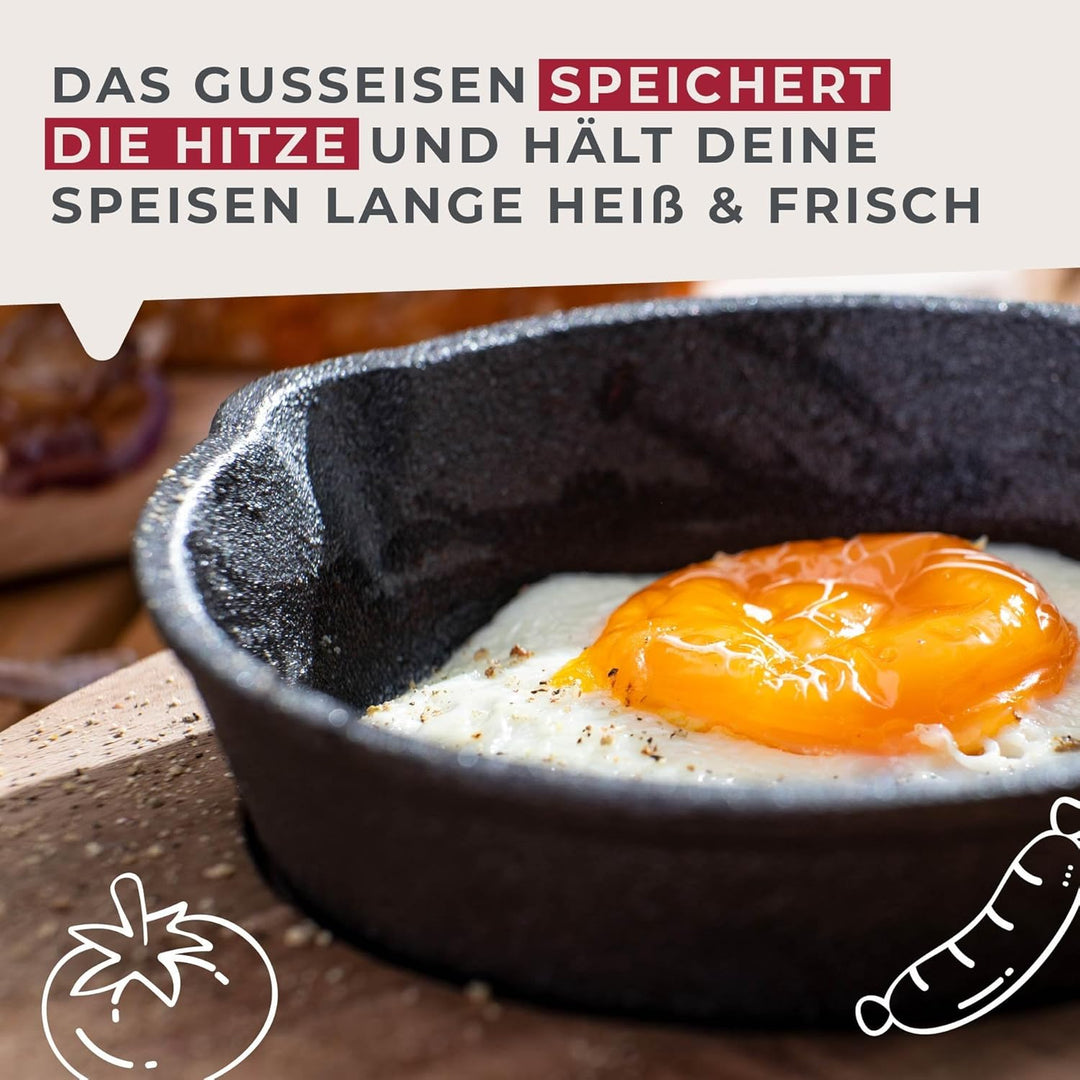 FACKELMANN Pfännchen aus Gusseisen mit praktischem Holzuntersetzer – Runde Grillpfännchen aus Guss p