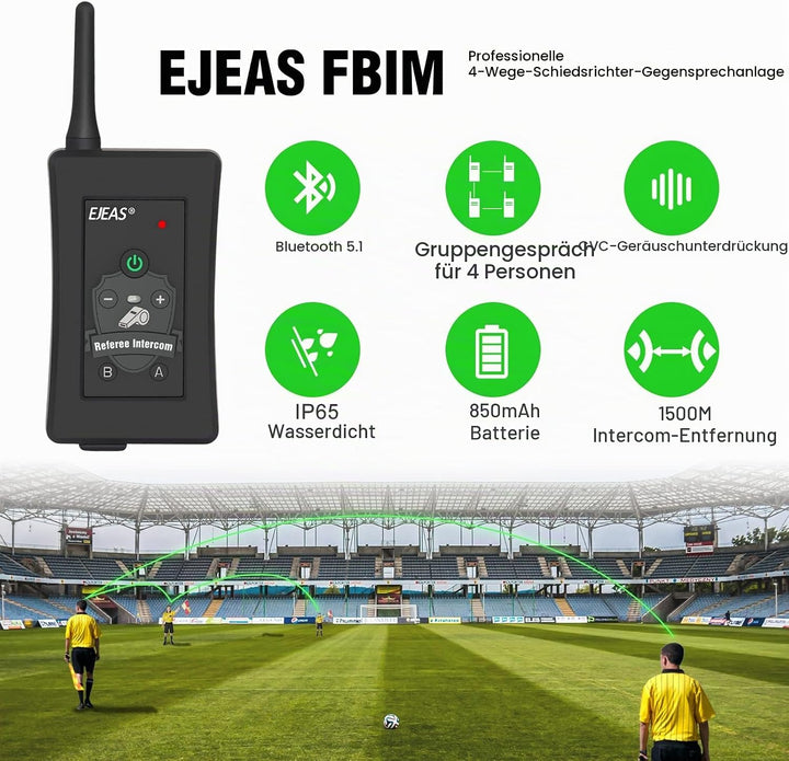 EJEAS FBIM Professionelle Bluetooth-Sprechanlage für Schiedsrichter, 850 mAh Vollduplex 1500 M draht