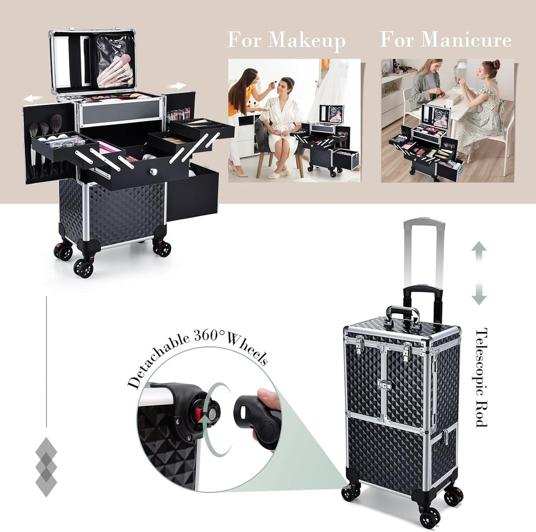 Kosmetik Trolley Friseurkoffer mit Schublade und Spiegel Kosmetikkoffer mit 4 Tabletts Make up Koffe