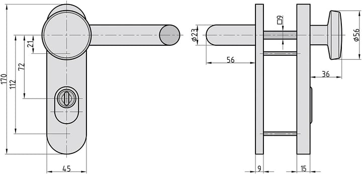BASI | Feuerschutz Tür-Beschlag aus Aluminium F1 | für Haustüren | Türstärke 44-66 mm | Zylinderabde