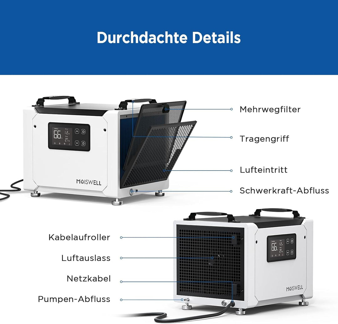 Luftentfeuchter mit Pumpe 35L/Tag – Effektiv gegen feuchte Räume &amp; Schimmel, für Keller, Kriechkelle
