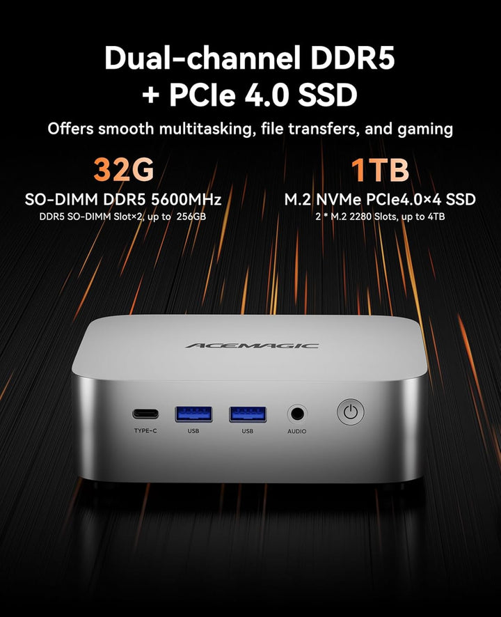 ACEMAGIC W1 Mini PC AMD Ryzen 7 8745HS(8C/16T, bis zu 4,9 GHz)，32GB DDR5 1TB NVMe SSD Mini Computer,
