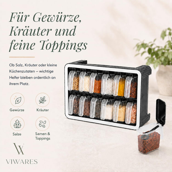 Gewürzdosen 12er Set mit Wandhalterung und Löffeln, Luftdicht, BPA-frei, Transparent, Gewürzdosen fü