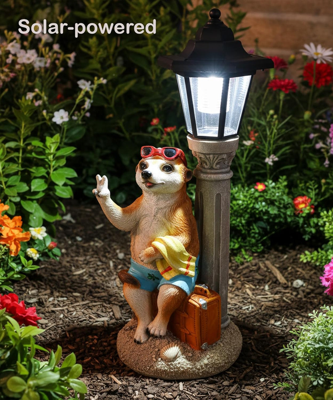 Kremers Schatzkiste Erdmännchen Urlauber mit Solarlaterne Figur Gartenfigur 45 cm Garten
