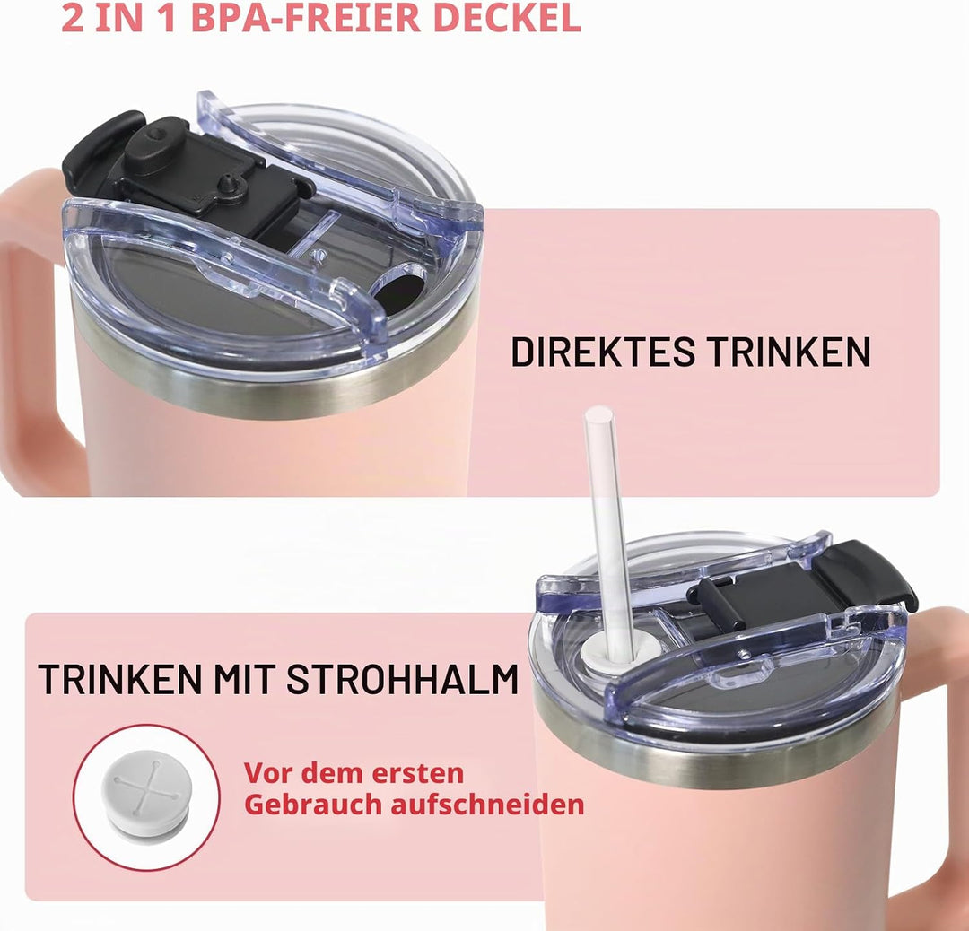 HNCY Thermobecher mit 2-in-1-Deckel 1180ML, Kaffeebecher to go Thermo, Trinkbecher mit Deckel und St