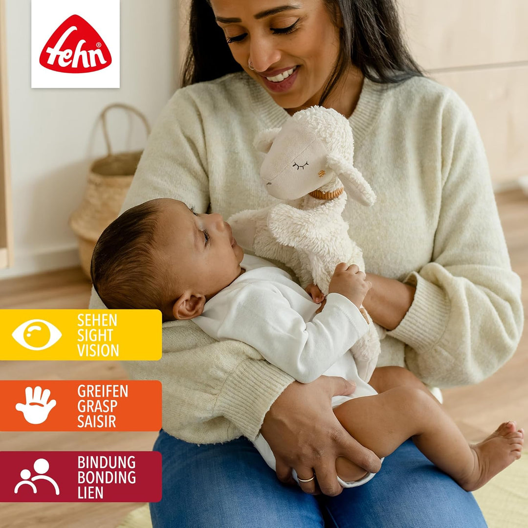 Fehn Handpuppe Schaf NATUR – Spielkamerad, Einschlafhilfe, Handpuppe & Stofftier-Schnuffeltuch mit B