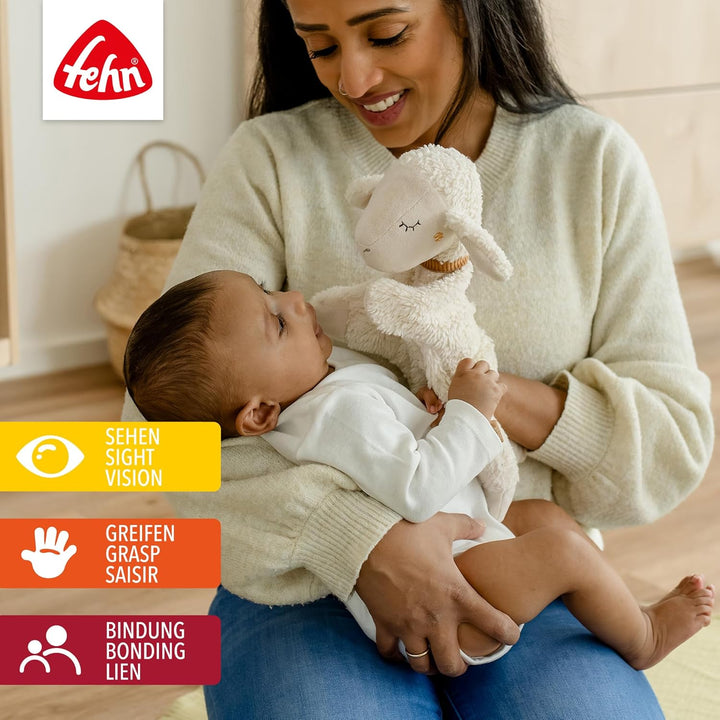 Fehn Handpuppe Schaf NATUR – Spielkamerad, Einschlafhilfe, Handpuppe & Stofftier-Schnuffeltuch mit B