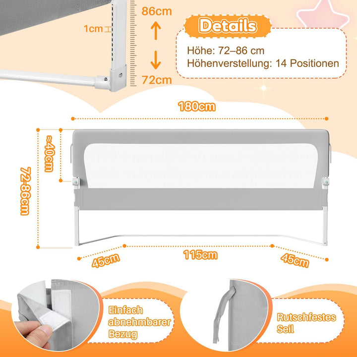 Bettgitter Rausfallschutz Bett, Rausfallschutz Boxspringbett 180cm, höhenverstellbar 72-86 cm, zusam