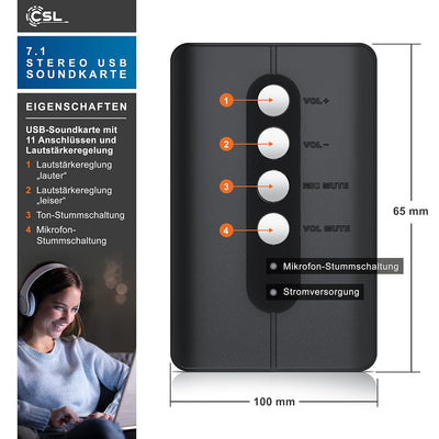 CSL - USB Externe Soundkarte, 7.1 Surround Sound, USB Audio Stereo Adapter, External Sound Card, für