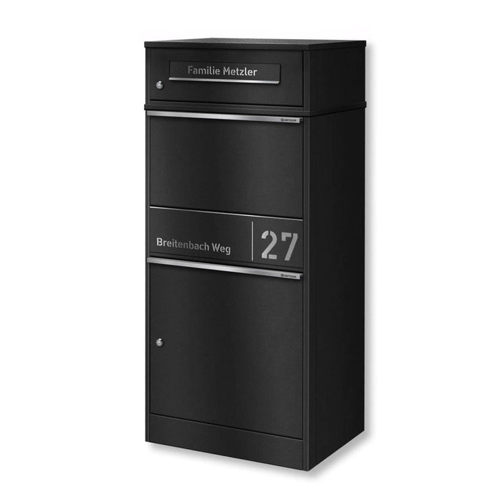 Metzler Paketbox draussen gross in Schwarz RAL9005 - Briefkasten mit Paketfach personalisiert mit Gr