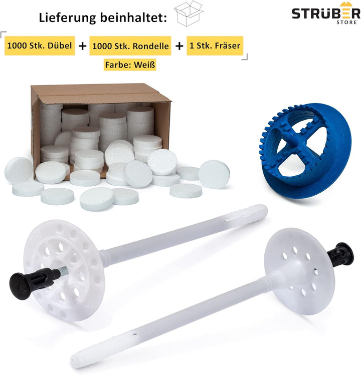 STRÜBER WDVS SET (Ø10x120mm Dämmstoffdübel mit Metalldorn 1000St + Grau Styropor Rondelle 1000St + S